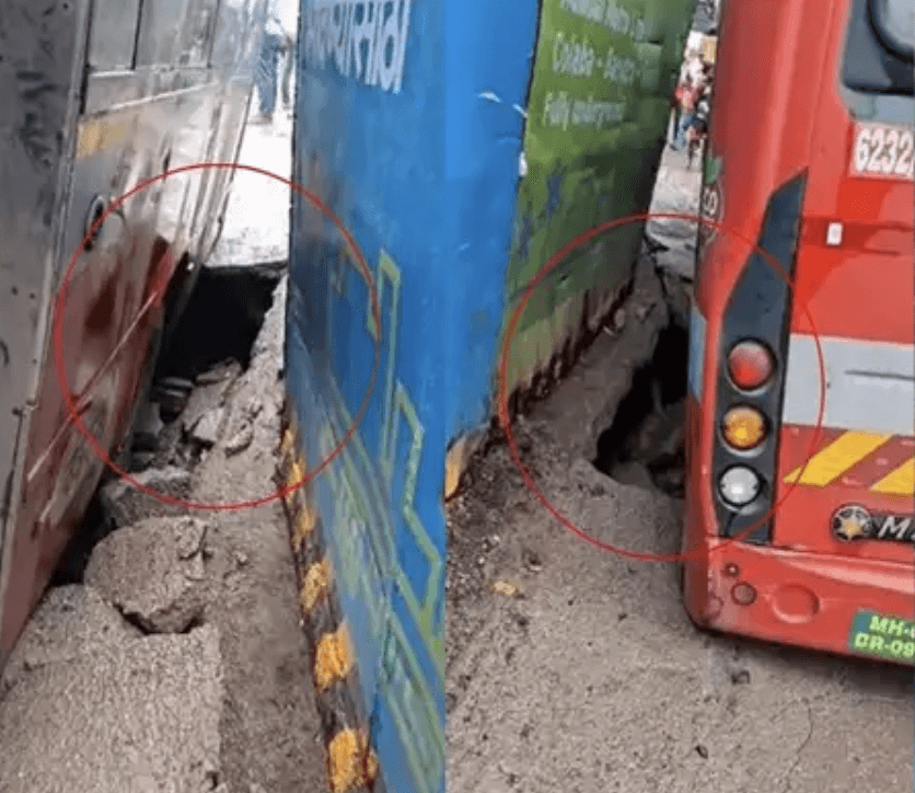 Mumbai Rains Update: BEST Bus Gets Stuck As Road Caves In Near Girgaon Metro Station