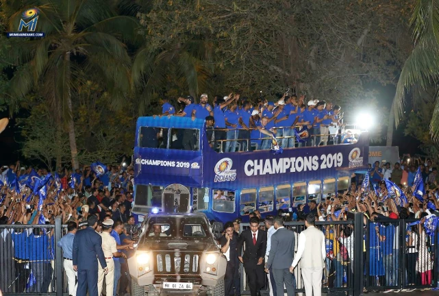 IPL 2019 Champions Mumbai Indians celebrate their victory in an open bus parade in the city