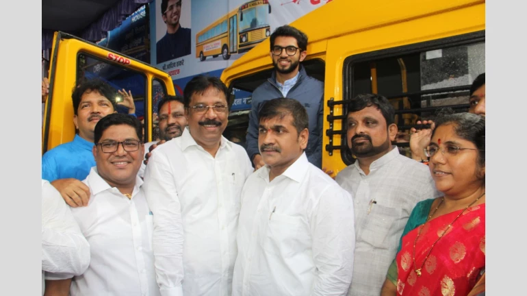 Aditya Thackeray, Sachin Ahir and Sangeeta Ahir Inaugurate School Bus Service for Girl Child in Worli Aditya Thackeray, Sachin Ahir and Sangeeta Ahir Inaugurate School Bus Service for Girl Child in Worli