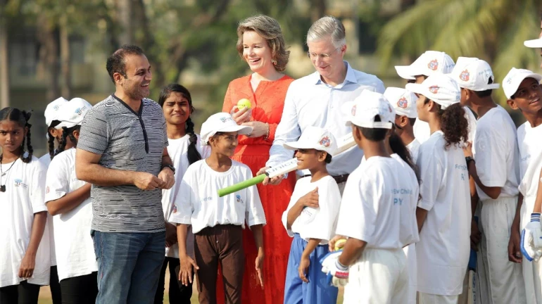 Belgian Royalty play cricket with Virender Sehwag to support children's rights 