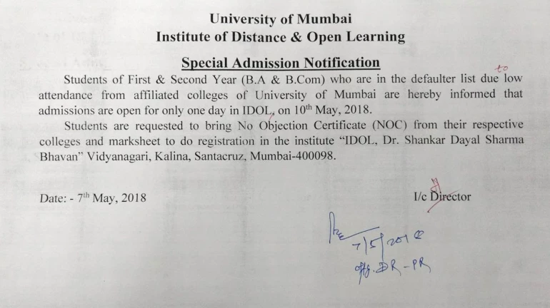 B.A, B.Com Students with low attendance can now apply to IDOL at Mumbai University